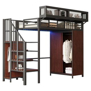 Lit Mezzanine 90 X 200 Cm Avec LED, Escalier, Armoire Et Étagères Noir