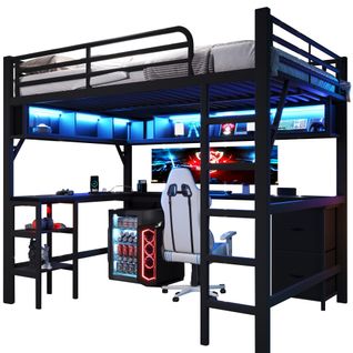 Lit Mezzanine 140 X 200 Cm Avec LED, Bureau, 2 Tiroirs En Tissu Et Étagères à Plusieurs Niveaux Noir