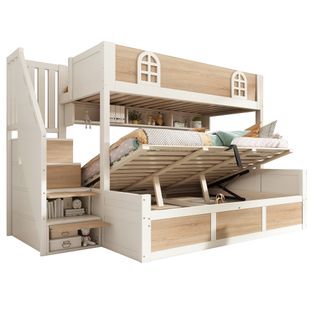 Lit Superposé Coffre 90x200cm + 140x200cm Avec Escalier De Rangement à 4 Espaces Imitation Chêne