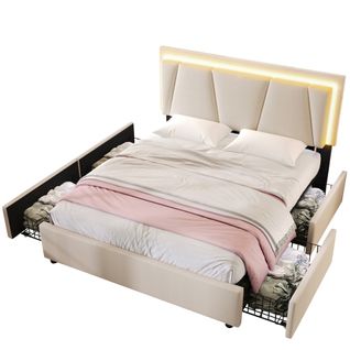 Lit Double Capitonné 160x200cm-avec Éclairage LED-tête De Lit Réglable En Hauteur-beige