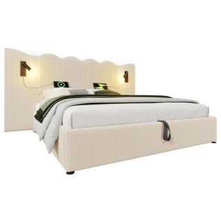 Lit Double 180x200 Cm Avec Lampe De Lecture-usb Type-c-en Bois Massif-en Velours Côtelé-beige