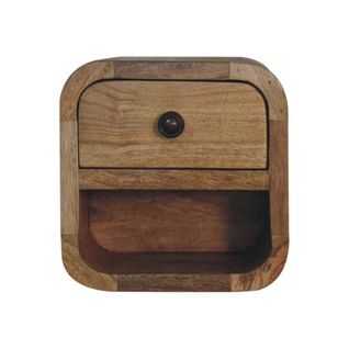 Table De Chevet-mini Incurvée-en Bois Massif-aspect Chêne-avec 1 Tiroir Et Étagère-marron