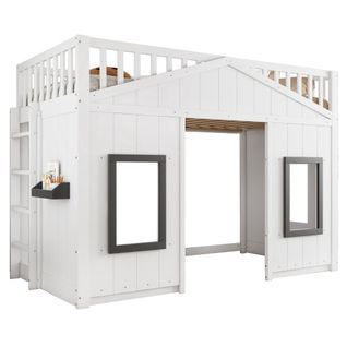 Lit Mezzanine Cabane 90 X 200 Cm-barrière Anti-chute Et Rambarde-lit Enfant-en Bois Massif- Blanc