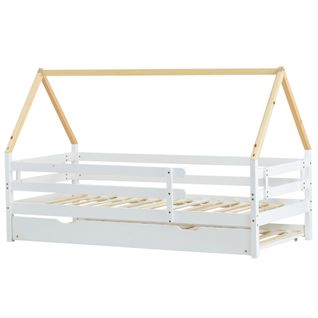 Lit Enfant 90x200 Cm-lit Gigogne-charge Max:100kg- Sécurité-en Bois Massif-bois Certifié Fsc-blanc