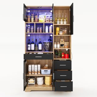 Buffet De Cuisine 185x100x40 Cm-haute Vitrine-led-prises Intégré-naturel