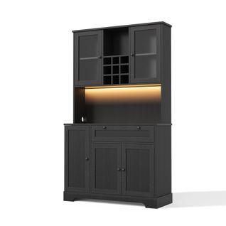 Buffet De Cuisine-armoire Haute-vitrine Avec Étagères Réglables-led Et Prise Électrique-noir