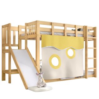 Lit Superposé 90x200 Cm-avec Barrière De Sécurité-lit Enfant Avec Rideaux D'intimité-en Pin-Naturel