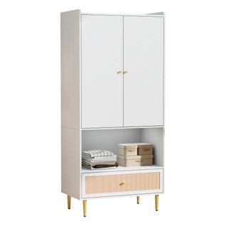 Armoire à 2 Portes-grand Tiroir En Rotin-tringle à Vêtements-meuble De Rangement-blanc
