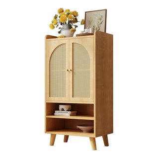 Armoire Avec 2 Portes En Rotin-2 Compartiments Ouverts-meuble De Rangement-en Bois-naturel