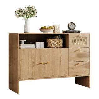 Buffet-meuble De Cuisine-2 Portes Et 3 Tiroirs-en Rotin Doré-bois