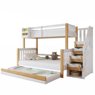 Lit Superposé 90 X 200 Cm-lit Enfant Avec Barrière-lit Gigogne-escalier D'angle-en Bois Massif-blanc