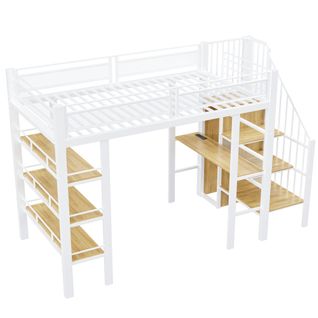 Lit Mezzanine 90x200 Cm-lit Enfant LED Et Prise-avec Bureau-en Métal-structure 120kg-blanc