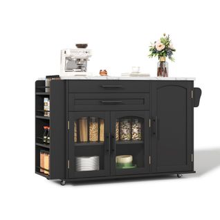 Îlot De Cuisine Mobile-desserte Avec Plan De Travail Pliable-chariot De Cuisine-portes En Verre-noir