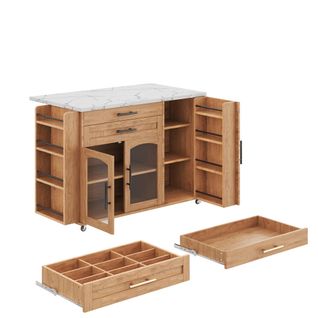 Îlot De Cuisine Mobile-desserte Avec Plan De Travail Pliable-chariot De Cuisine-portes En Verre-bois