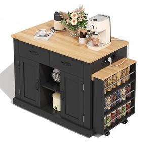 Îlot De Cuisine Mobile-desserte De Cuisine Avec Table à Manger Extensible-étagères Réglables-noir