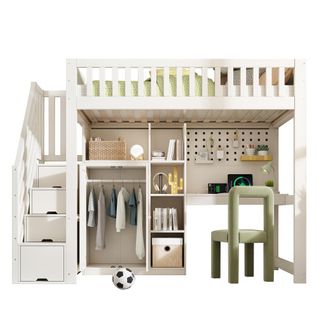 Lit Mezzanine 90x200cm-lit Enfant Avec Bureau, Armoire Échelle Et Penderie-ports USB/usb-c-blanc