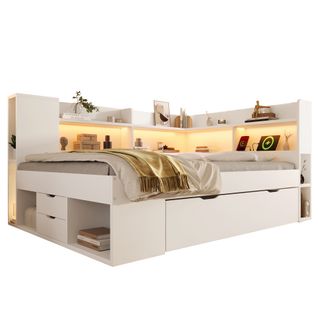 Lit 140x200 Cm-avec Station De Charge USB Et Type-c-lit Enfant LED Avec Sommier à Lattes-blanc