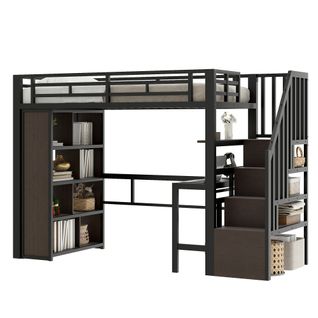 Lit 90 X 200 Cm-lit Mezzanine En Fer-avec Bureau-led-noir