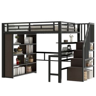 Lit 140 X 200 Cm-lit Mezzanine En Fer-avec Bureau-led-noir