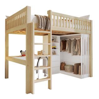 Lit 140 X 200 Cm-lit Mezzanine-bureau-armoire-3 Tiroirs-naturel