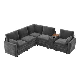 Canapé angle fixe 5 Places En Forme De L Avec USB Et Porte-gobelets Gris