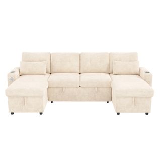 Canapé Convertible 4 Places Avec USB, Porte-gobelets Et Coffre De Rangement