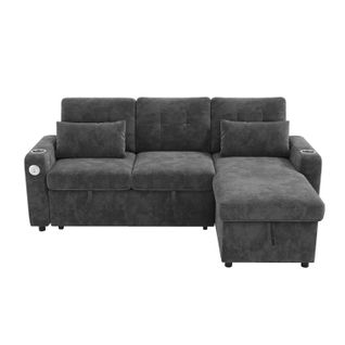 Canapé Angle Convertible 3 Places En Forme De L Avec USB, Porte-gobelets Et Coffre De Rangement