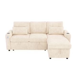 Canapé Angle Convertible 3 Places En Forme De L Avec USB, Porte-gobelets Et Coffre De Rangement