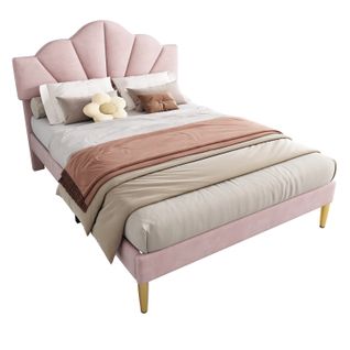 Lit 140 X 190 Cm Avec Tête De Lit Réglable En Hauteur Velours Rose