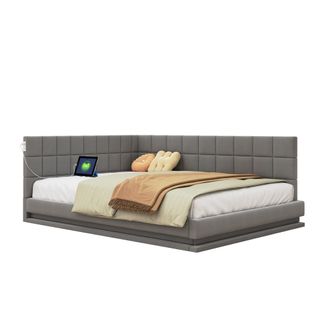 Lit Enfant 160x200 Cm Avec USB Et LED Velours - Gris