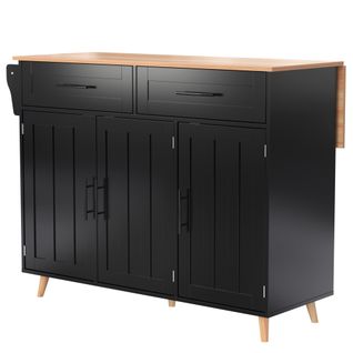 Ilot Central Cuisine Comptoir Avec 3 Portes, 2 Tiroirs Et Bureau Pliable Noir