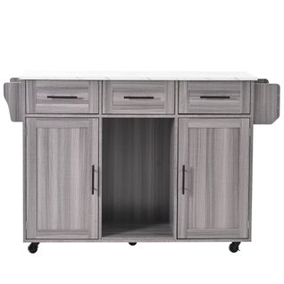 Ilot Central Cuisine Comptoir Avec 2 Portes, 3 Tiroirs Et Bureau Pliable Gris
