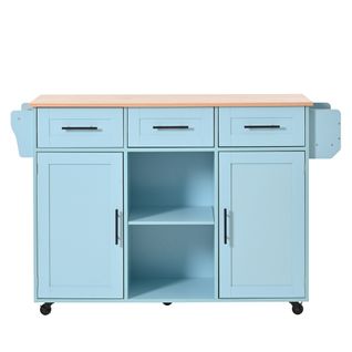 Ilot Central Cuisine Comptoir Avec 2 Portes, 3 Tiroirs Et Bureau Pliable Bleu