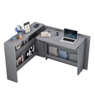 Bureau Angle Pliable Avec Roulettes Et 4 Étagères Gris