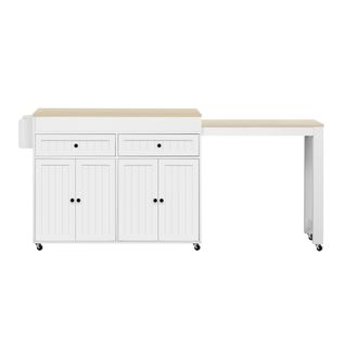 Ilot Central Cuisine Comptoir Avec Table Extensible, 2 Tiroirs Et 4 Portes