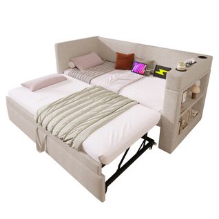 Lit Gigogne 90 X 200cm Avec USB Et Porte-gobelet Lin Beige