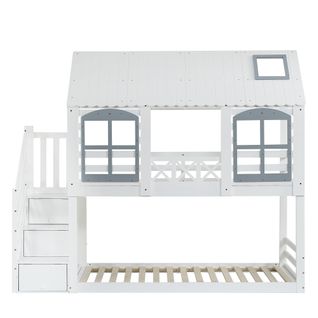 Lit Superposé Cabane 2x90x200cm Avec Escaliers De Rangement Blanc