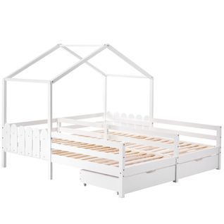 Lit Enfant Cabane 2x90x200cm Avec 2 Tiroirs Blanc