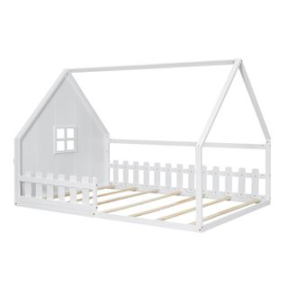 Lit Cabane 140x200cm Avec Sommier à Lattes Et Barrières Blanc