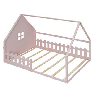 Lit Cabane 140x200cm Avec Sommier à Lattes Et Barrières Rose