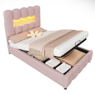 Lit Enfant Coffre 90x200 Cm Tête De Lit Avec LED Velours Rose