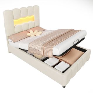 Lit Enfant Coffre 90x200 Cm Tête De Lit Avec LED Velours Beige