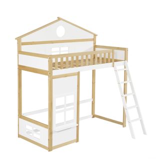 Lit Mezzanine Cabane 90x200cm Avec Échelle Blanc + Imitation Chêne