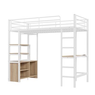 Lit Mezzanine 90x200cm Avec Bureau, Étagère Multicouche Et USB En Métal Blanc