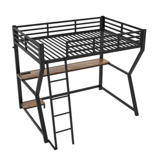 Lit Mezzanine 90x200cm Avec Bureau, LED Et USB En Métal Noir