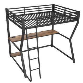 Lit Mezzanine 140x200cm Avec Bureau, LED Et USB En Métal Noir