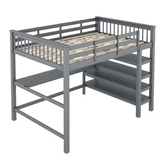 Lit Mezzanine 140x200cm Avec Avec Étagères De Rangement à 4 Niveaux Et Bureau Gris