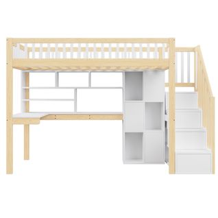 Lit Mezzanine 90x200cm Avec Bureau, LED, Étagère Et Escaliers De Rangement Blanc