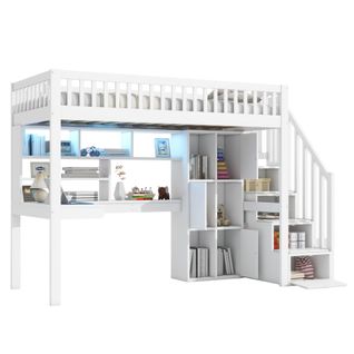Lit Mezzanine 90x200cm Avec Bureau, LED, Étagères Et Escaliers De Rangement Blanc