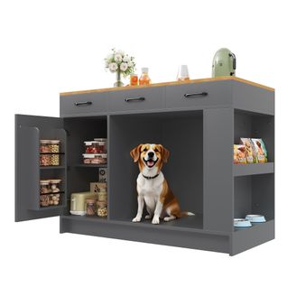 Ilot Central Cuisine Comptoir Avec 3 Tiroirs, 1 Porte Et Bureau Pliable Gris